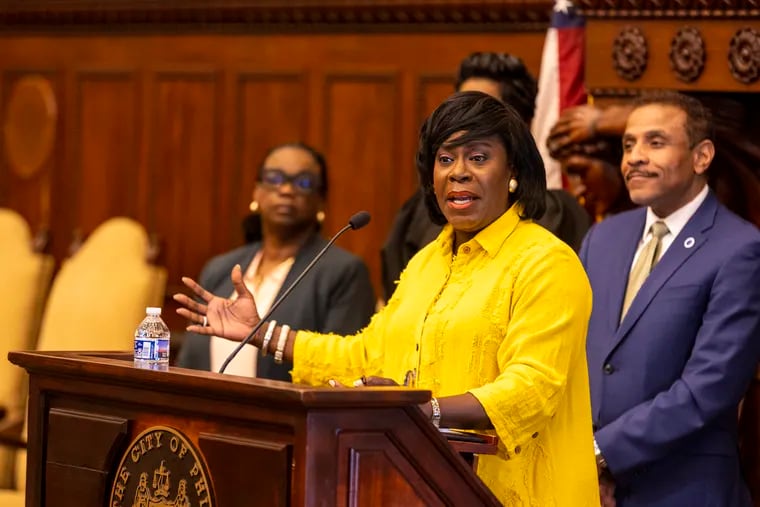 Mayor Cherelle L. Parker speaks during a news conference last week. On Tuesday, one of the city's largest labor unions sued her administration over her return-to-office plan.