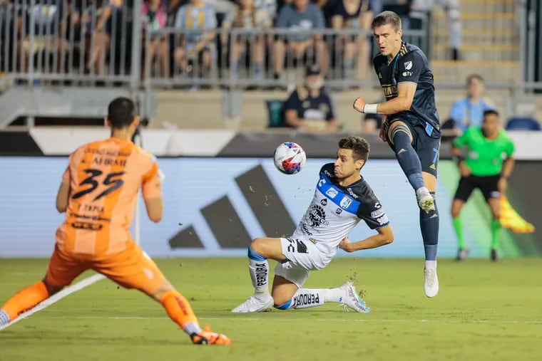 Mikael Uhre (right) in action with the Union during a Leagues Cup game against Mexico's Querétaro last year at Subaru Park.