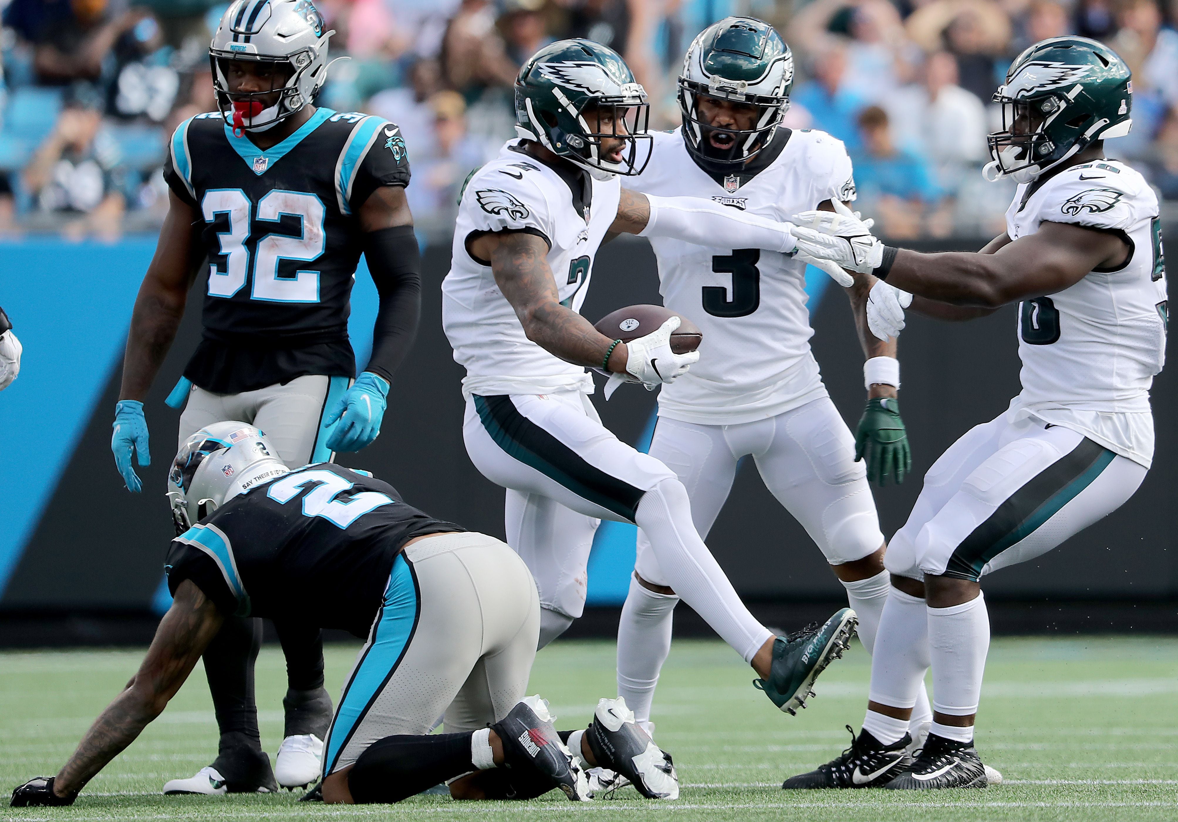 October 21, 2018: Philadelphia Eagles offensive tackle Jordan Mailata (68)  poses with Carolina Panthers defensive end Efe Obada (94) during the NFL  game between the Carolina Panthers and the Philadelphia Eagles at