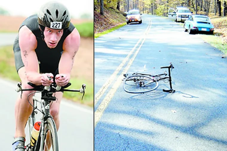 Left: Matt Miller at a Virginia triathlon in September. At right, Matt's racing bike, Black Beauty, crumpled on the Blue Ridge Parkway in Virginia hours after he lost control and slammed into an oncoming Porsche, parked at right.