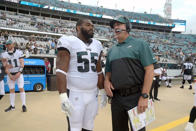 Brandon Graham (left), talking with Doug Pederson during a preseason game in Jacksonville two weeks ago, played in the final preseason game in 2014.