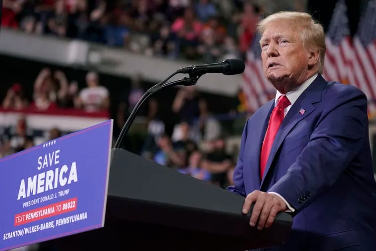 Former President Donald Trump speaks at a rally in Wilkes-Barre, Pa., Saturday, Sept. 3, 2022. (AP Photo/Mary Altaffer)