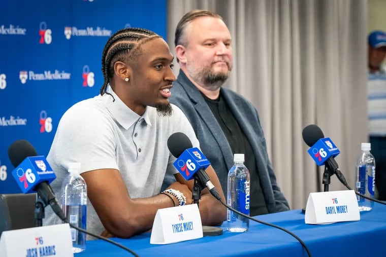 Tyrese Maxey speaks during a press conference on July 23.