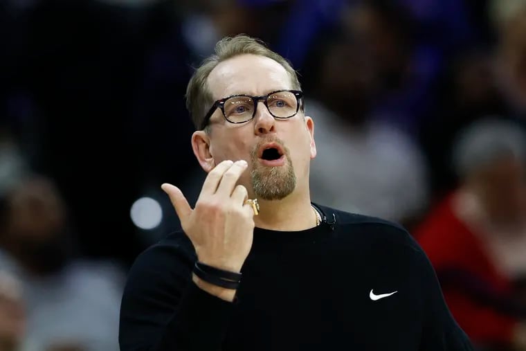 Sixers Head Coach Nick Nurse calls over his team against the Sacramento Kings on Friday, January 12, 2024 in Philadelphia.