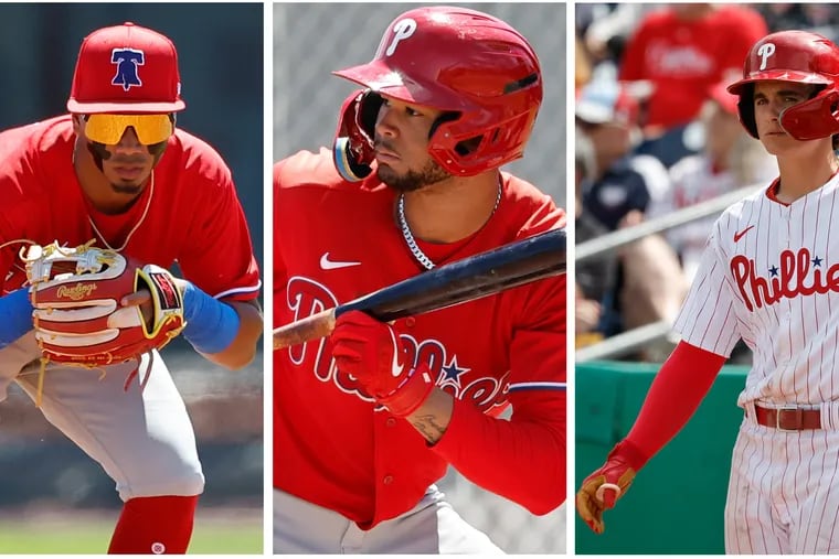 Phillies prospects (left to right) Starlyn Caba, Justin Crawford and Aidan Miller.