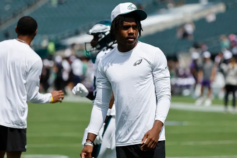 Eagles wide receiver Jahan Dotson during warm ups before a preseason game against the Minnesota Vikings on Saturday, August 24, 2024.