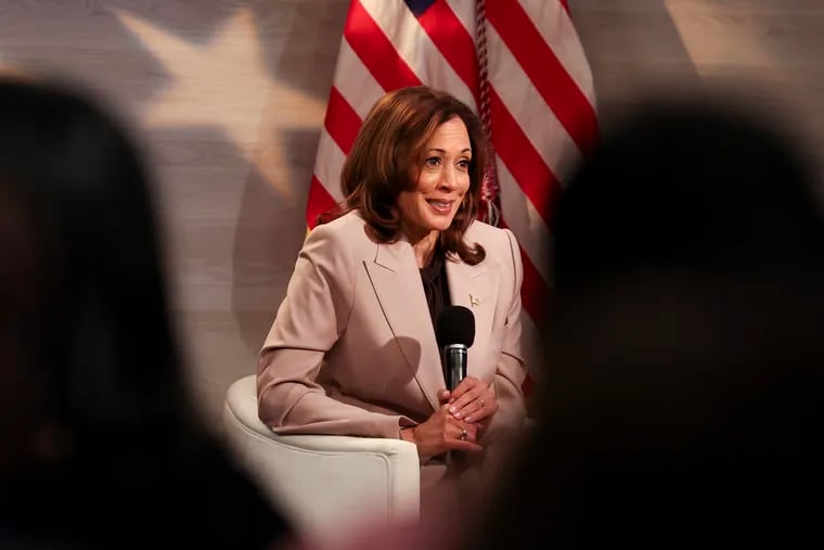 Democratic presidential nominee Vice President Kamala Harris speaks with members of the National Association of Black Journalists at WHYY's Center City offices Tuesday.