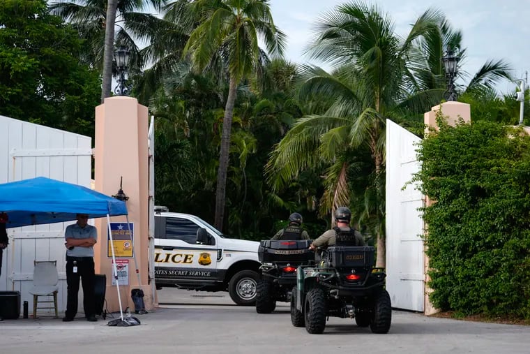 Police drive in to the Mar-a-Lago estate of Republican presidential nominee and former President Donald Trump, one day after an apparent assassination attempt, in Palm Beach, Fla., on Monday, Sept. 16, 2024.