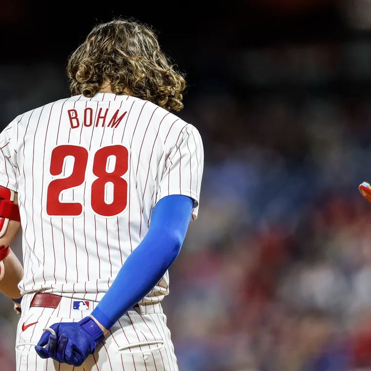 Phillies Alec Bohm slams his helmet and it breaks after striking out against the Cubs for the third out during the 8th inning at Citizens Bank Park in Philadelphia, Tuesday, September 24, 2024 Cubs beat the Phillies 10-4.