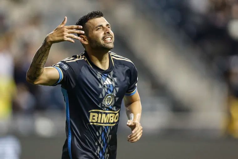 Union Tai Baribo celebrates his goal against CF Montréal during the second half of the Leagues Cup match at Subaru Park in Chester, Friday, The Union beat Montreal 2-0 August 9, 2024.