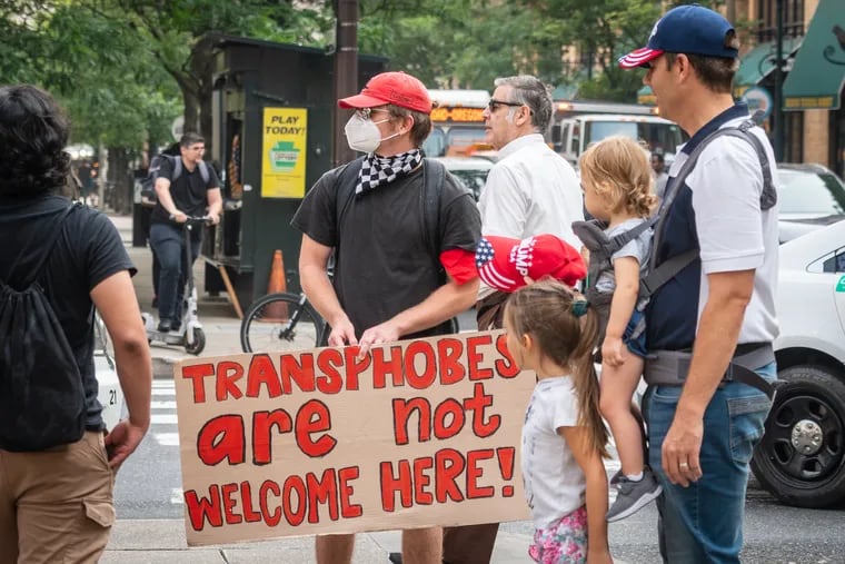 Protestors gathered at 12th and Filbert Streets during the June 2023 Moms for Liberty convention in Center City.