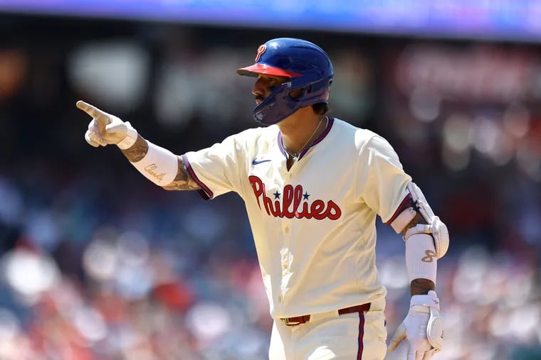 Nick Castellanos #8 of the Philadelphia Phillies reacts after hitting a single during the sixth inning against the San Diego Padres at Citizens Bank Park on June 19, 2024 in Philadelphia, Pennsylvania. (Photo by Tim Nwachukwu/Getty Images)