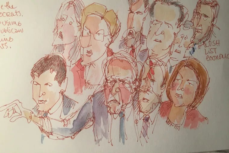 Inquirer editorial cartoonist Signe Wilkinson sketched the candidates from the first night of the second Democratic primary debate.