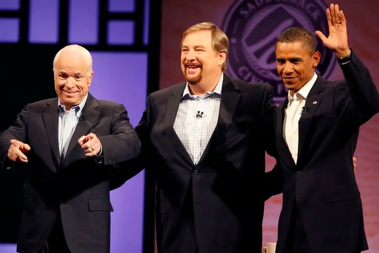 The Rev. Rick Warren , flanked by John McCain and Barack Obama at an August candidate forum, will offer prayers.