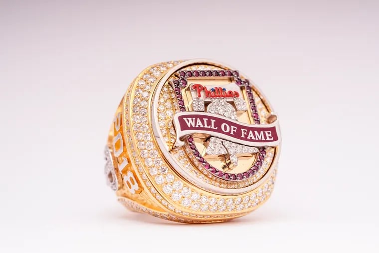 The Phillies awarded their Wall of Fame players with championship-like rings. This ring was made for Roy Halladay, who died in 2017 and was added to the Wall of Fame in 2018.