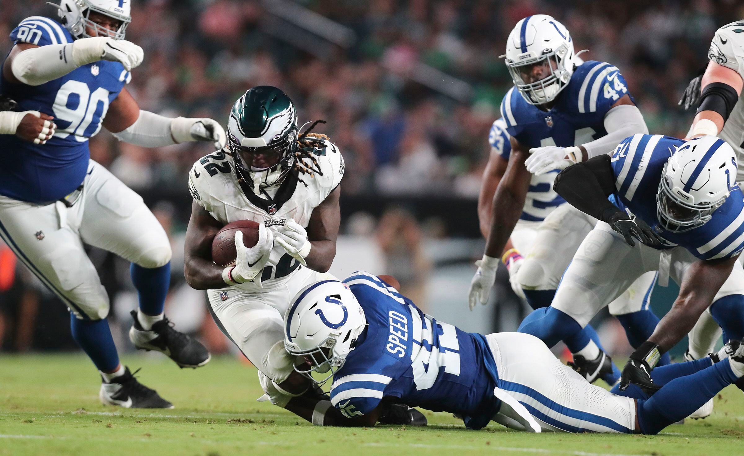 Philadelphia Eagles linebacker Nicholas Morrow (41) takes the field prior  to the NFL preseason football game against the Indianapolis Colts,  Thursday, Aug. 24, 2023, in Philadelphia. (AP Photo/Chris Szagola Stock  Photo - Alamy