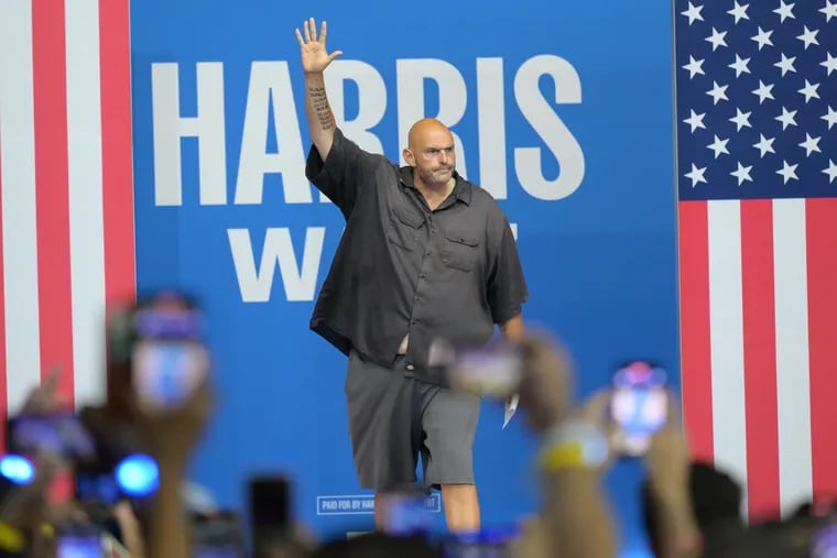 Sen. John Fetterman, D-Pa., arrives to speak before Democratic presidential nominee Vice President Kamala Harris and her running mate Minnesota Gov. Tim Walz arrive at a campaign rally in Philadelphia, Tuesday, Aug. 6.