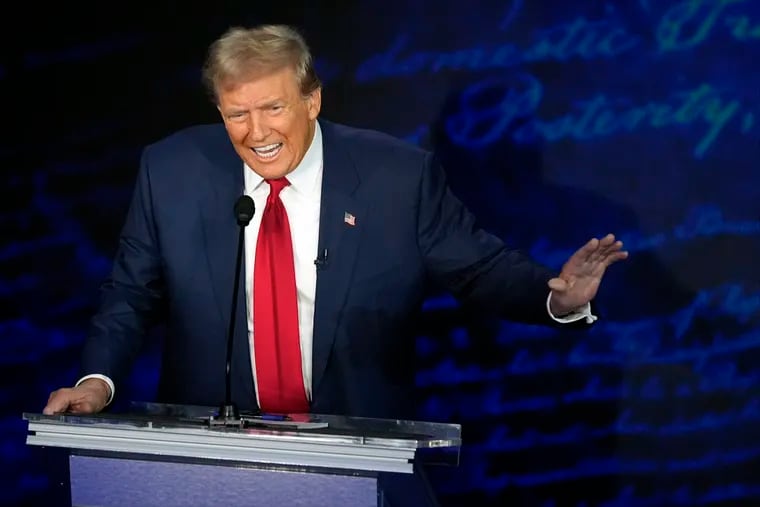 Former President Donald Trump speaks during a presidential debate against Democratic presidential nominee Vice President Kamala Harris at the National Constitution Center in Philadelphia on Tuesday.