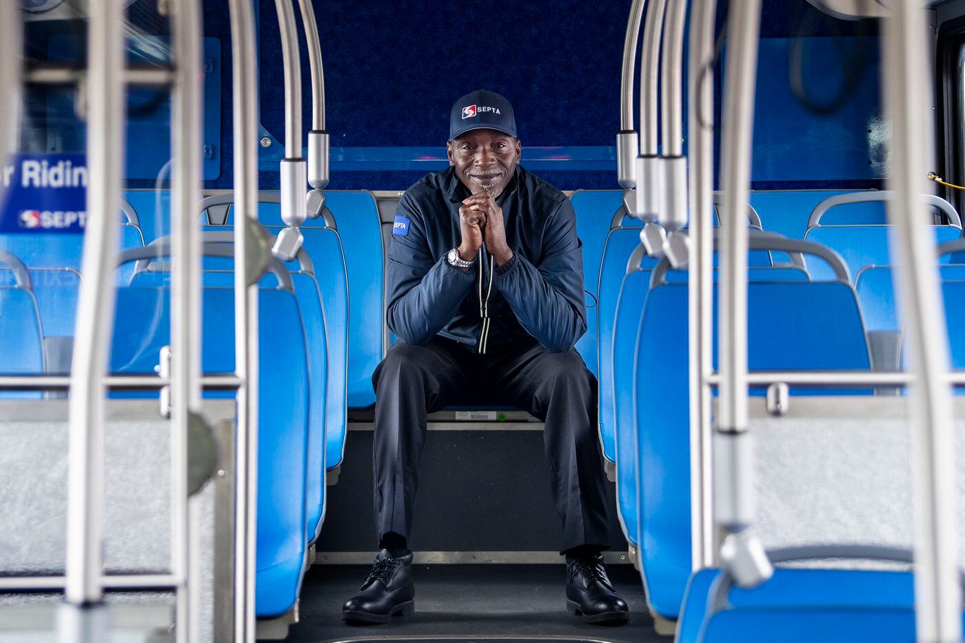 Muhammad Bilal Islam, is photographed with his bus at the SEPTA station in Upper Darby, Pa. Thursday, April 22, 2021. 