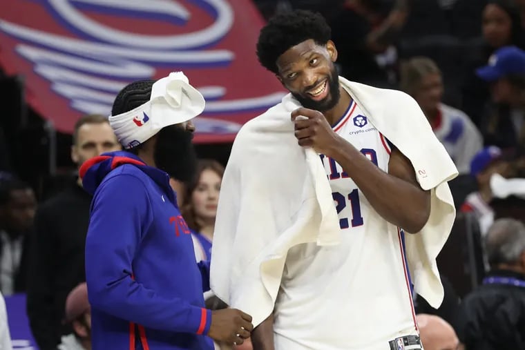 James Harden, left, and Joel Embiid know the Sixers have work to do, especially on defense.