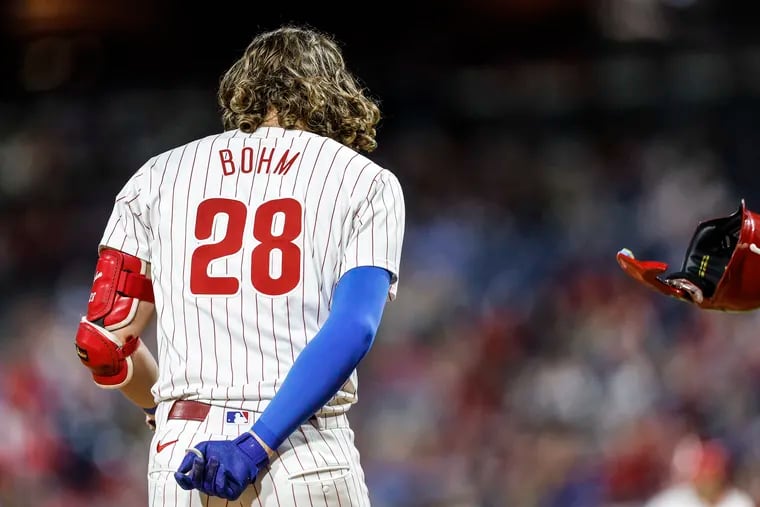 Phillies Alec Bohm slams his helmet and it breaks after striking out against the Cubs for the third out during the 8th inning at Citizens Bank Park in Philadelphia, Tuesday, September 24, 2024 Cubs beat the Phillies 10-4.