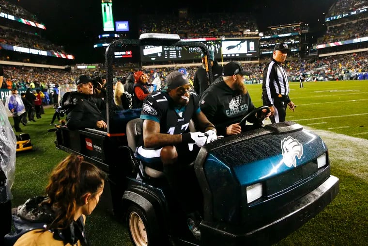 Eagles wide receiver Alshon Jeffery was carted off the field during the second quarter Monday.