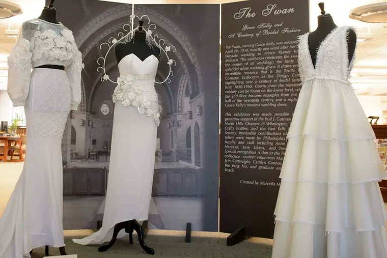 Contemporary wedding dresses designed by students in the exhibit at Philadelphia University.
