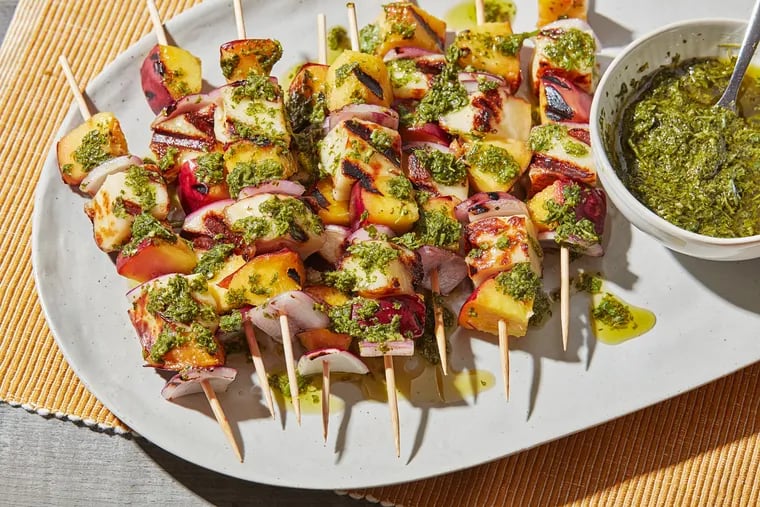 Halloumi Skewers With Nectarines and Mint Chimichurri. MUST CREDIT: Photo by Tom McCorkle for The Washington Post