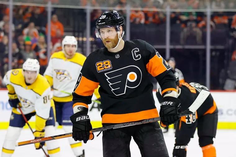 Flyers center Claude Giroux before taking a face-off against the Nashville Predators on Thursday, March 17, 2022 in Philadelphia.