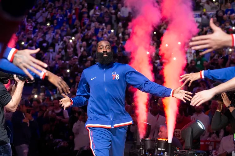 James Harden of the Sixers is introduced as part of the starting lineup in his first home game since being traded to the the Sixers.  The Sixers were playing the Knicks  at the Wells Fargo Center on March 2, 2022.