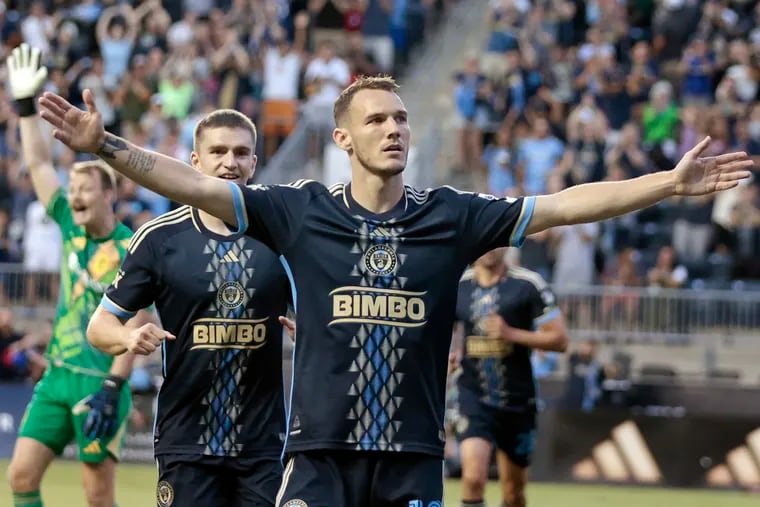 Dániel Gazdag celebrates the first of his three goals against Nashville.