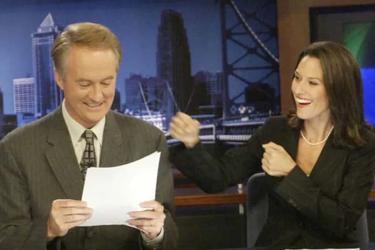 9/24/03 - Philadelphia, PA - Alycia Lane jokes with co-anchor Larry Mendte prior to a 6 p.m. broadcast  from  CBS 3 studios in center city Philadelphia on September 24, 2003.  On Monday afternoon July 21, 2008 the U.S. Attorney's office indicted Larry Mendte for invasion of privacy for going into Alycia Lane's e-mails.  
   
  
  Jennifer Midberry/Philadelphia Daily News