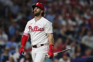 Bryce Harper doesn't appear to try to swing against Hoby Milner