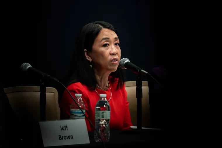 Mayoral candidate Helen Gym speaks during a Latino Mayoral forum Monday, April 10, 2023 at Esperanza Arts Center in Philadelphia, Pa.