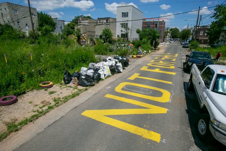 "Not for Sale" is painted on the street near the Cesar Andreu Iglesias Community Garden, seen in a 2020 file photograph. It's one of hundreds of gardens, side yards and other properties imperiled by the continuing fallout of a 24-year-old city effort to raise funds by selling delinquent tax liens.