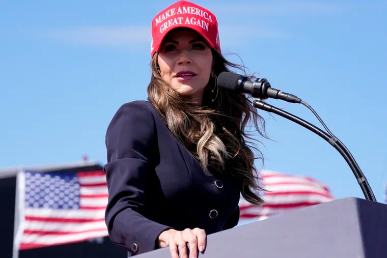 FILE - South Dakota Gov. Kristi Noem speaks prior to remarks from Republican presidential candidate and former President Donald Trump at a campaign rally, March 16, 2024, in Vandalia, Ohio. (AP Photo/Jeff Dean, File)