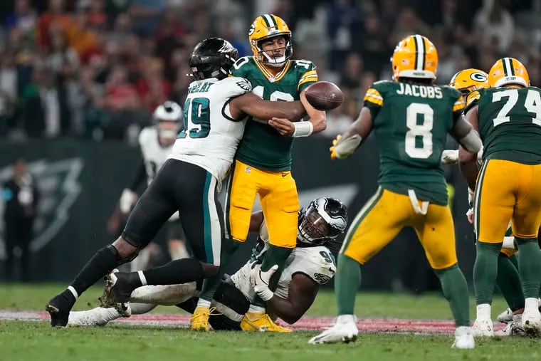 Green Bay Packers quarterback Jordan Love (10) gets hurt during the second half of an NFL football game against the Philadelphia Eagles, Saturday, Sept. 7, 2024, at the Neo Quimica Arena in Sao Paulo. (AP Photo/Andre Penner)