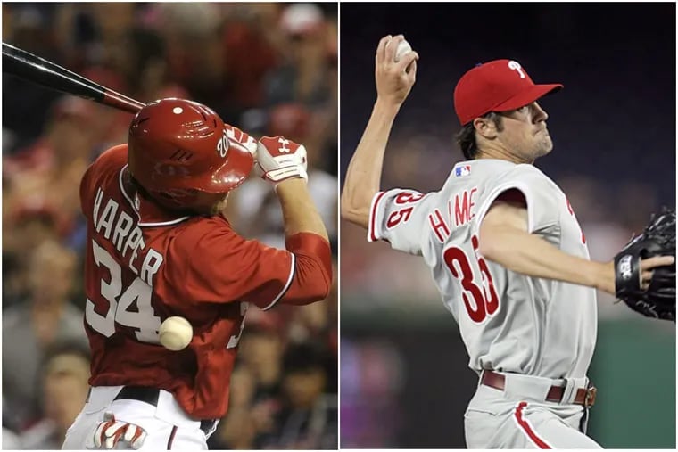 Bryce Harper taking a pitch to the back from then-Phillies pitcher Cole Hamels in 2012.