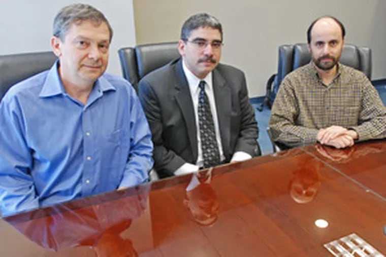 Cofounders of Morphotek Inc. are (from left) Phillip Sass, Nicholas Nicolaides and Luigi Grasso. The small Exton biotech company is being purchased by Eisai Co. Ltd., of Tokyo, for $325 million. Morphotek develops drugs for cancer, arthritis and infectious diseases using human antibody technologies.