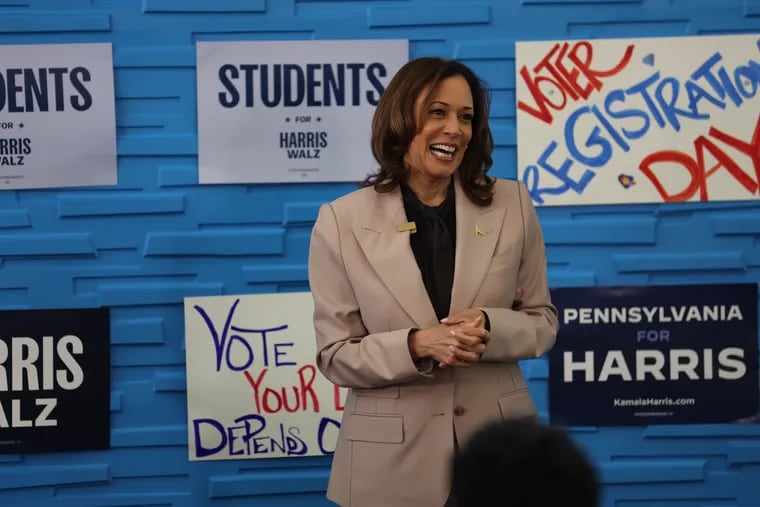 Democratic presidential nominee Vice President Kamala Harris speaks at a voter registration event at the Community College of Philadelphia on Tuesday, Sept. 17, 2024.