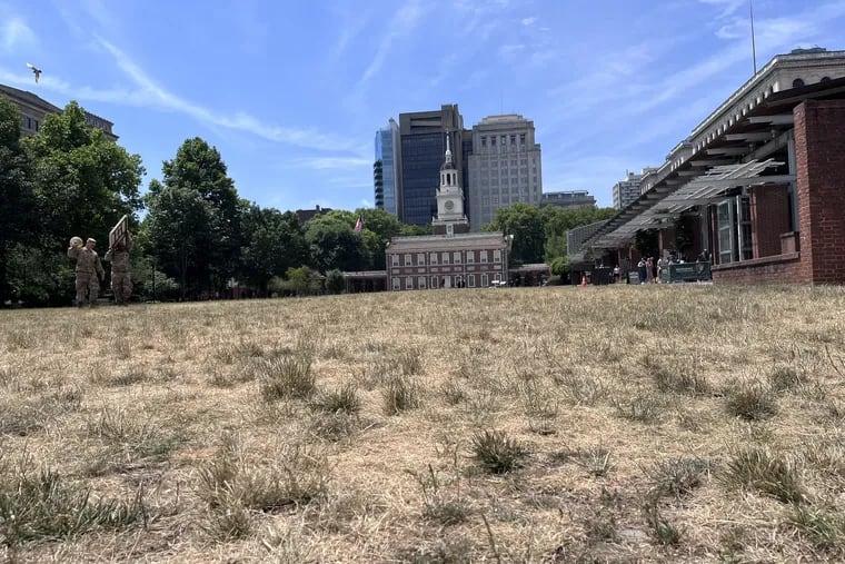 A view of the browned lawn in front on Independence Hall on June 20. It has been abnormally dry in the Philadelphia region during the heat wave and the forecast calls for little immediate relief.