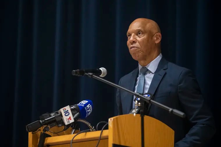 William R. Hite, Jr., Superintendent of School District of Philadelphia, speaks in front of press on the upcoming school year in Philadelphia at the Benjamin Franklin High School, on Friday, July 30, 2021.