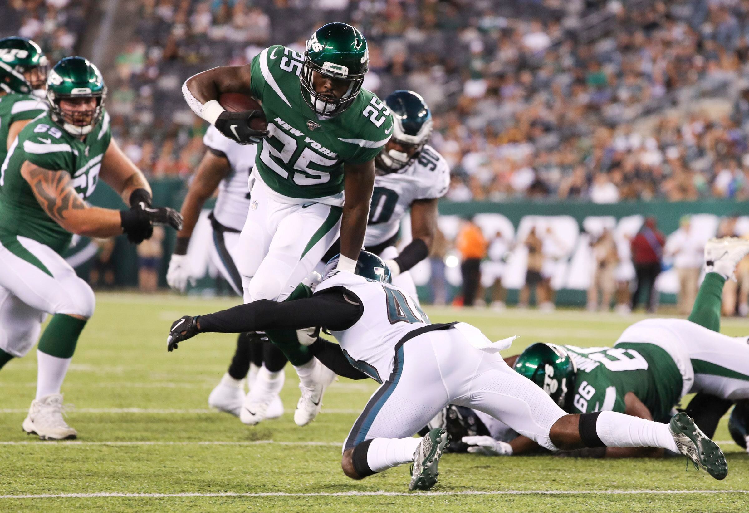 EAST RUTHERFORD, NJ - AUGUST 27: New York Jets linebacker Blake Cashman  (53) prior to the National Football League preseason game between the New  York Jets and the Philadelphia Eagles on August