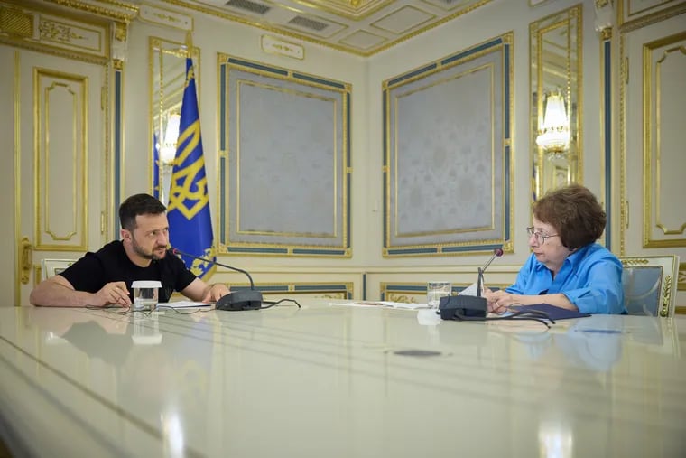 Ukrainian President Volodymyr Zelensky during an interview with Inquirer Worldview columnist Trudy Rubin inside the presidential palace in Kyiv, Ukraine, on June 24.