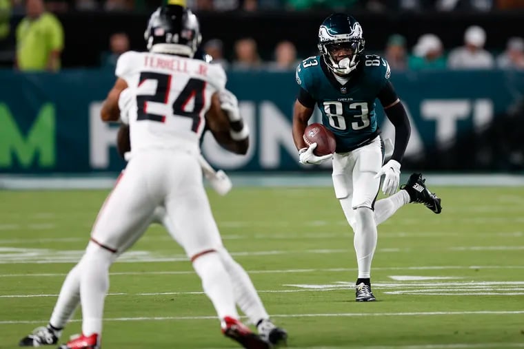 Jahan Dotson runs with the football after his lone catch during Monday night's game against Atlanta.