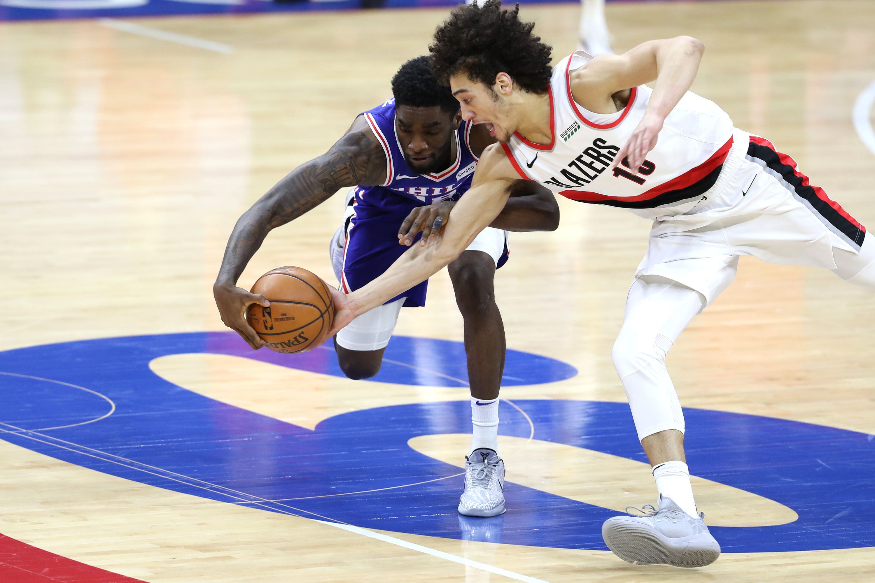 CJ Elleby of the Portland Trail Blazers dribbles the ball up court