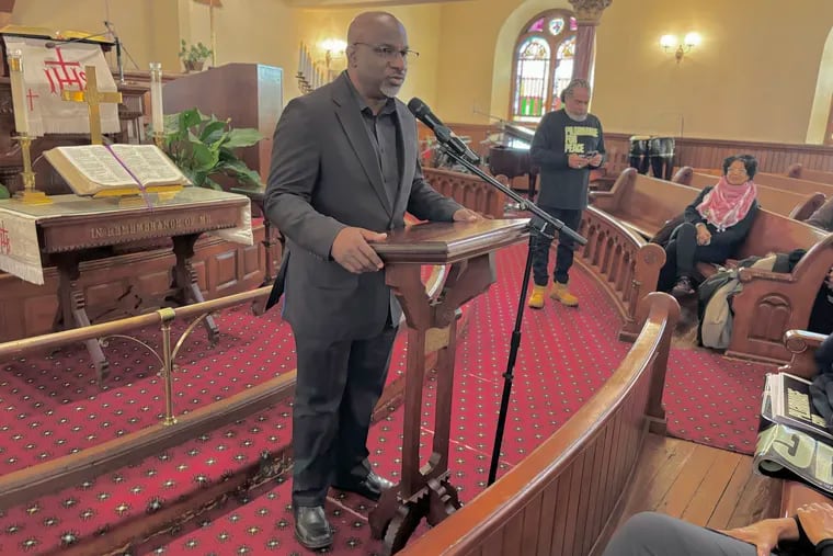 The Rev. Mark Tyler, pastor of Philadelphia's historic Mother Bethel AME Church, shown here delivering a plea for a ceasefire, hostage release and humanitarian aid for Gaza to a pilgrimage that left the city on Wednesday, Feb. 14, 2024, for the White House.