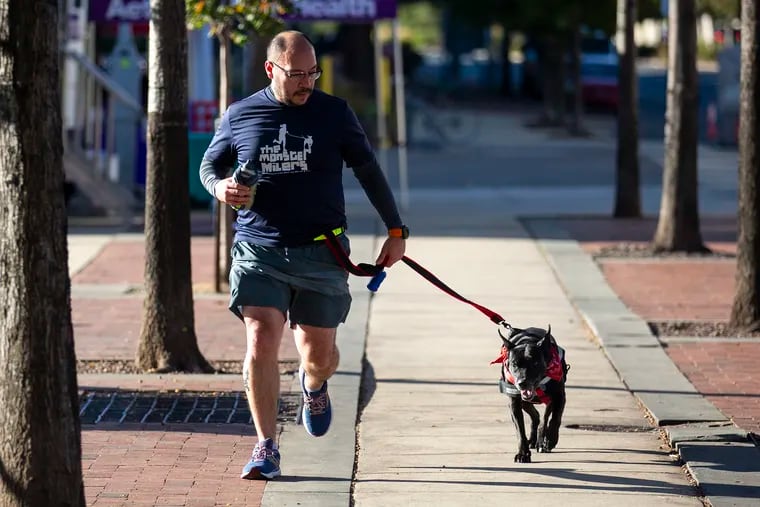 Guillermo Torres, 35, of Acapulco, Mexico, volunteer at Street Tales Animal Rescue with the Monster Milers, takes Sweet Dee, a 7-year-old Pit Bull mix, on a run along Columbas Blvd., on Saturday, Oct. 19, 2019. "For me volunteering is a good way to help," Torres said. "Many people like to help and volunteering is a very important and rewarding thing to do. It's really close to my heart."