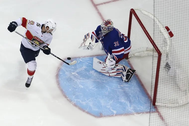 Igor Shesterkin #31 of the New York Rangers defends the net against Anton Lundell #15 of the Florida Panthers during the third period in Game Five of the Eastern Conference Final of the 2024 Stanley Cup Playoffs at Madison Square Garden on May 30, 2024 in New York City. (Photo by Al Bello/Getty Images)