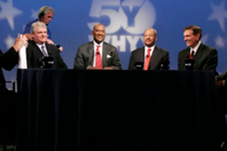 The lineup for the penultimate debate: (from left) moderator Marty Moss-Coane, Bob Brady, Dwight Evans, Chaka Fattah, Tom Knox and Michael Nutter.